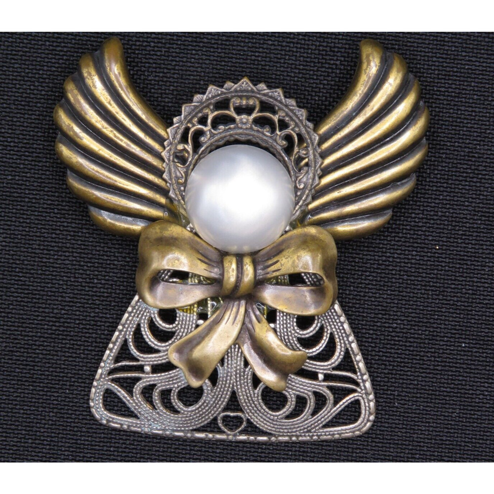 Vintage Angel Brooch Pin Silver And Gold Tone, Brass Faux Pearl Head 2" Gift Box